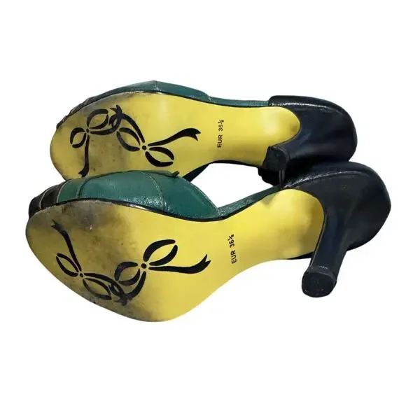 Poetic Licence London Green & Black Leather Peep Toe Heels (EUR 36.5 / US 6) - Picture 5 of 8